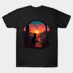 Black Cat Looking Into The Sunset T-Shirt